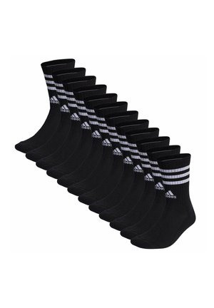 Schwarze Baumwollsocken mit gerippten Bündchen, versehen mit drei weißen Streifen und einem Adidas-Logo. Paket mit 12 Stück, entworfen für Langlebigkeit und Komfort.