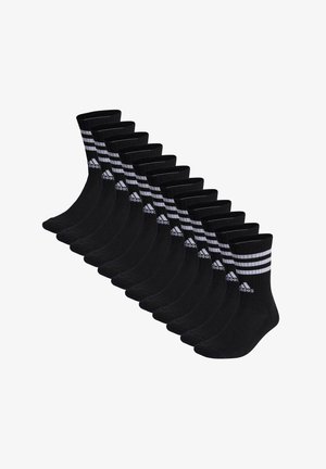 Chaussettes en coton noires avec des bordures côtelées, ornées de trois rayures blanches et d'un logo Adidas. Pack de 12, conçu pour la durabilité et le confort.