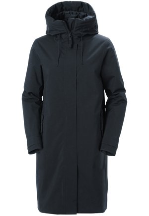 Abrigo negro con capucha, cierre de cremallera, mangas largas y dos bolsillos laterales. Tejido suave con un diseño minimalista y sin adornos visibles.