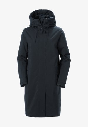 Abrigo negro con capucha, cierre de cremallera, mangas largas y dos bolsillos laterales. Tejido suave con un diseño minimalista y sin adornos visibles.