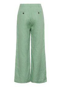 Pantalons larges vert clair en lin, présentant une texture lisse, deux poches arrière avec des boutons ronds et une taille plate.