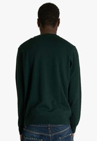 Temno zelena pletena majica z okrolim izrezom in rebrastimi manšetami. Ima gladko teksturo in standardno prileganje, vidno od zadaj.