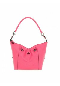 Borsa in pelle rosa con un design morbido e strutturato. Presenta dettagli in metallo nero e una maniglia corta e arrotondata. Logo sulla parte anteriore.