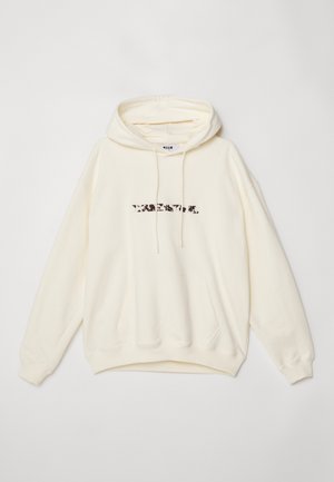 Hoodie couleur crème en tissu doux, avec une poche kangourou et des cordons de serrage, ornée d'un logo imprimé dans une couleur contrastante.