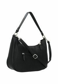 Borsa a spalla in pelle nera con finitura testurizzata, tracolla regolabile e hardware in argento. Presenta una tasca frontale con zip per ulteriore spazio di archiviazione.