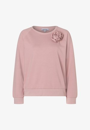 Helles rosa Sweatshirt mit lässiger Passform, ausgestattet mit einer dekorativen Stoffrose an der linken Schulter sowie gerippten Bündchen und Saum. Weicher Stoff.