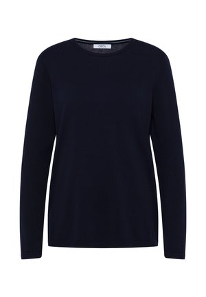 Maglietta a maniche lunghe blu marina realizzata in tessuto morbido, caratterizzata da un collo rotondo, vestibilità slim e un design semplice senza ulteriori motivi o dettagli.