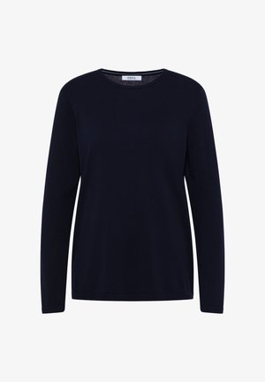 Camisa de manga larga color navy hecha de tela suave, con cuello redondo, corte ajustado y un diseño simple sin patrones ni acentos adicionales.