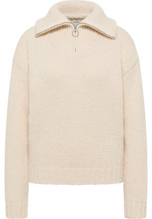 Pull en tricot couleur crème avec un col montant, fermeture éclair à l'avant et ourlet côtelé. Texture douce et coupe oversize.