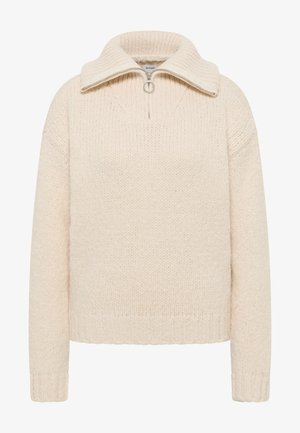Crèmekleurige gebreide trui met een hoge kraag, ritssluiting aan de voorkant en geribbelde zoom. Zachte textuur en oversized pasvorm.