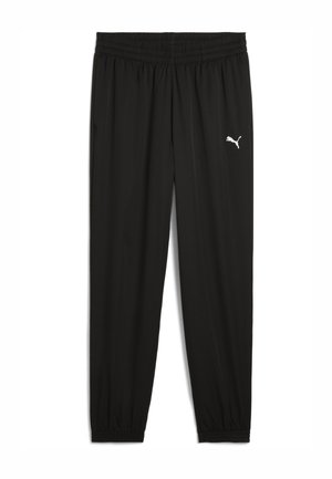 Schwarze Sporthose aus leichtem Material, mit einem elastischen Bund, schmal zulaufenden Beinen und einem weißen Puma-Logo auf dem linken Oberschenkel.
