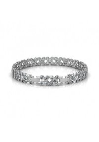 Bracciale in argento con intricate maglie a forma di fiore, decorato con brillanti gemme di trasparente, dotato di un design liscio e flessibile con finitura lucida.