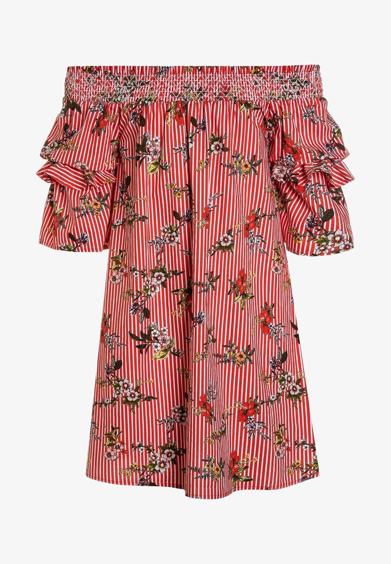 Robe à rayures verticales rouges et blanches, épaules dénudées, motifs floraux et manches courtes à volants.
