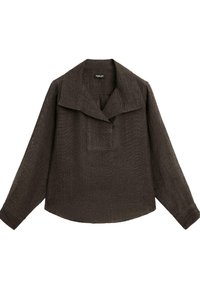Chemise en lin marron avec un large col, des manches longues et une poche avant. Tissu texturé avec une coupe décontractée et un ourlet arrondi.