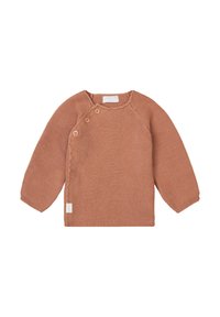 Rustfarvet strikket sweater med lange ærmer, med rund halsudskæring og tre-knaps lukning på venstre skulder. Teksturert stof.