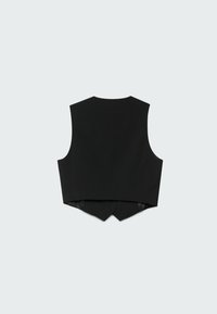 Svart ärmlös väst med en skräddarsydd silhuett, med rund hals och ett v-format avslut bak, tillverkad av ett slätt, strukturerat tyg.