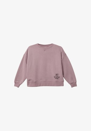 Sweatshirt rose clair avec un col rond, des épaules tombantes et un graphique de fleur sur le côté gauche avec le texte "LAISSEZ-LE FLEURIR EN AMOUR AVEC LA NATURE."