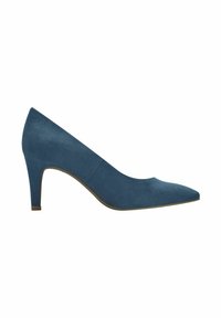 Zilā īsā papēža kurpe ar asu purngalu, slaidu siluetu un 7,5 cm papēdi. Gluda tekstūra ar minimālām akcentiem.
