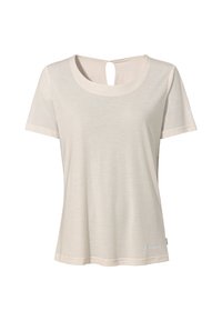 T-shirt beige chiaro con scollatura rotonda e maniche corte. Presenta un'apertura a chiave sul retro e un logo sottile sull'orlo.