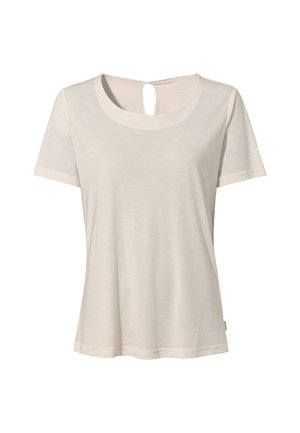 Helles beiges T-Shirt mit rundem Ausschnitt und kurzen Ärmeln. Verfügt über einen Schlüsselloch-Ausschnitt am Rücken und ein dezentes Logo am Saum.