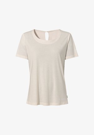 Light beige t-shirt with a round neckline and short sleeves. Features a keyhole cutout at the back and a subtle logo at the hem.