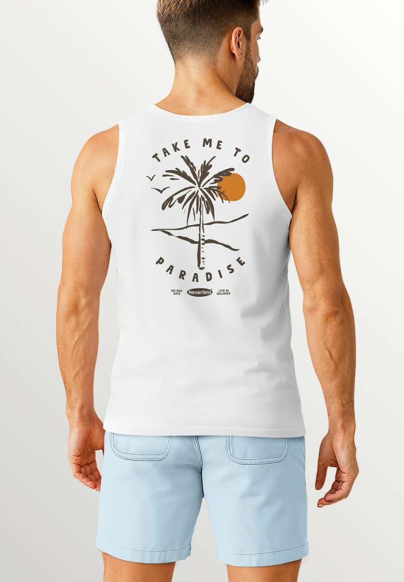 White sleeveless tank top with a palm tree graphic, orange sun, and text "TAKE ME TO PARADISE" printed on the back. Light blue shorts.