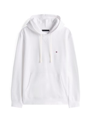 White hoodie made of cotton, featuring a drawstring hood, front pocket, and a small logo on the left chest. Soft texture, relaxed fit.