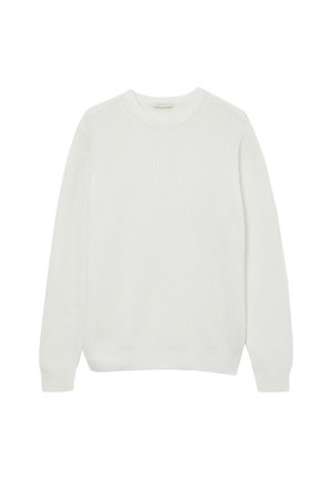 Maglione bianco a maglia con un motivo testurizzato, colletto rotondo e polsini e orlo a coste. Realizzato in tessuto morbido per comfort e calore.