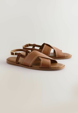 Hnedé kožené sandály s kríženými popruhmi, otvorenou špičkou a plochou podrážkou s kontrastným prešívaním a nastaviteľným pätovým remienkom.