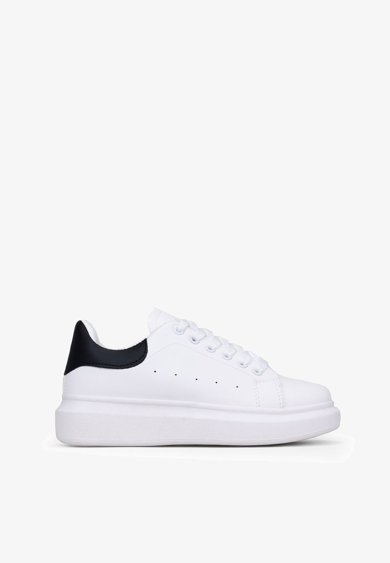 White sneaker with a thick white sole, black heel accent, smooth leather upper, and six eyelets for laces. Subtle perforations for ventilation.