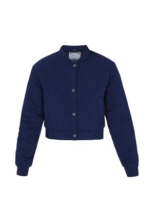 Navy quilted bomber jacket featuring a round neck, snap-button closure, and ribbed cuffs and hem for a fitted look.