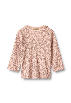 T-shirt manches longues pour tout-petit avec petit imprimé floral rose, col rond et deux boutons sur l'épaule gauche.