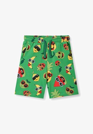 Zelene kratke hlače s vrpcom u struku, ukrašene šarenim crtanom voćem koje nosi sunčane naočale i smiješi se, uključujući ananase, banane, lubenice i trešnje.