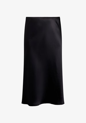 Schwarzer Satin-Midirock mit glatter Textur, A-Linien-Silhouette und subtilem Glanz. Verfügt über einen Taillenbund und ein knöchellanges Design.