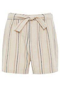 Beige šortky s vertikálními pruhy v světle hnědé a námořnické modři. Mají pas s páskem a dvě přední kapsy. Vyrobeny z lehkého materiálu.