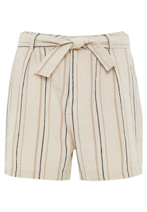 Pantalones cortos beige con rayas verticales en marrón claro y azul marino. Presentan una cintura con cinturón y dos bolsillos frontales. Hechos de una tela ligera.