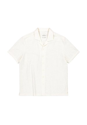 Weiße, kurzärmelige Hemdbluse mit Knopfleiste, Camp-Kragen und dezentem strukturiertem Blumenmuster.