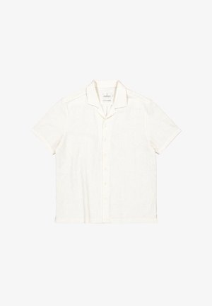 Weiße, kurzärmelige Hemdbluse mit Knopfleiste, Camp-Kragen und dezentem strukturiertem Blumenmuster.