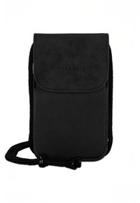 Čierne, textúrované syntetické púzdro so zapínaním na klapku, detailným prešívaním a nastaviteľným popruhom. Na prednej strane je vytlačené logo "EXPATRIÉ".