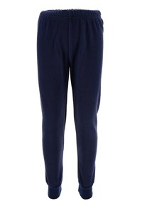 Pantalones de chándal de felpa azul marino con cintura elástica, piernas estrechas y puños de canalé en los tobillos. Tela suave y cálida.
