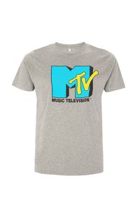 Šedé tričko s krátkým rukávem, zdobené modro-žlutým logem MTV a textem "MUSIC TELEVISION" v černé barvě pod logem.
