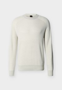 Pull à col rond manches longues couleur écru avec poignets, ourlet et col côtelés sur fond uni.