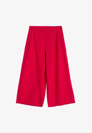 Červené široké kalhoty vyrobené z lehkého materiálu. Mají elastický pás a boční kapsy. Hladká textura s jednobarevným provedením.