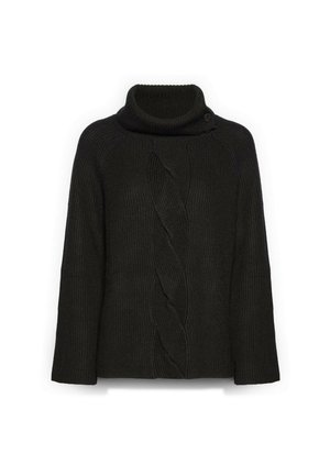 Czarny dziergany sweter z wysokim golfem, detalem na guziki, długimi rękawami oraz centralnym wzorem warkocza z przodu.