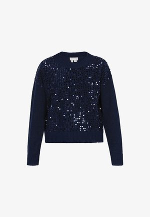 Marineblauer Langarmpullover mit Rundhalsauschnitt, der auf der Vorderseite mit glänzenden Pailletten verziert ist und gerippte Bündchen und Saum hat.