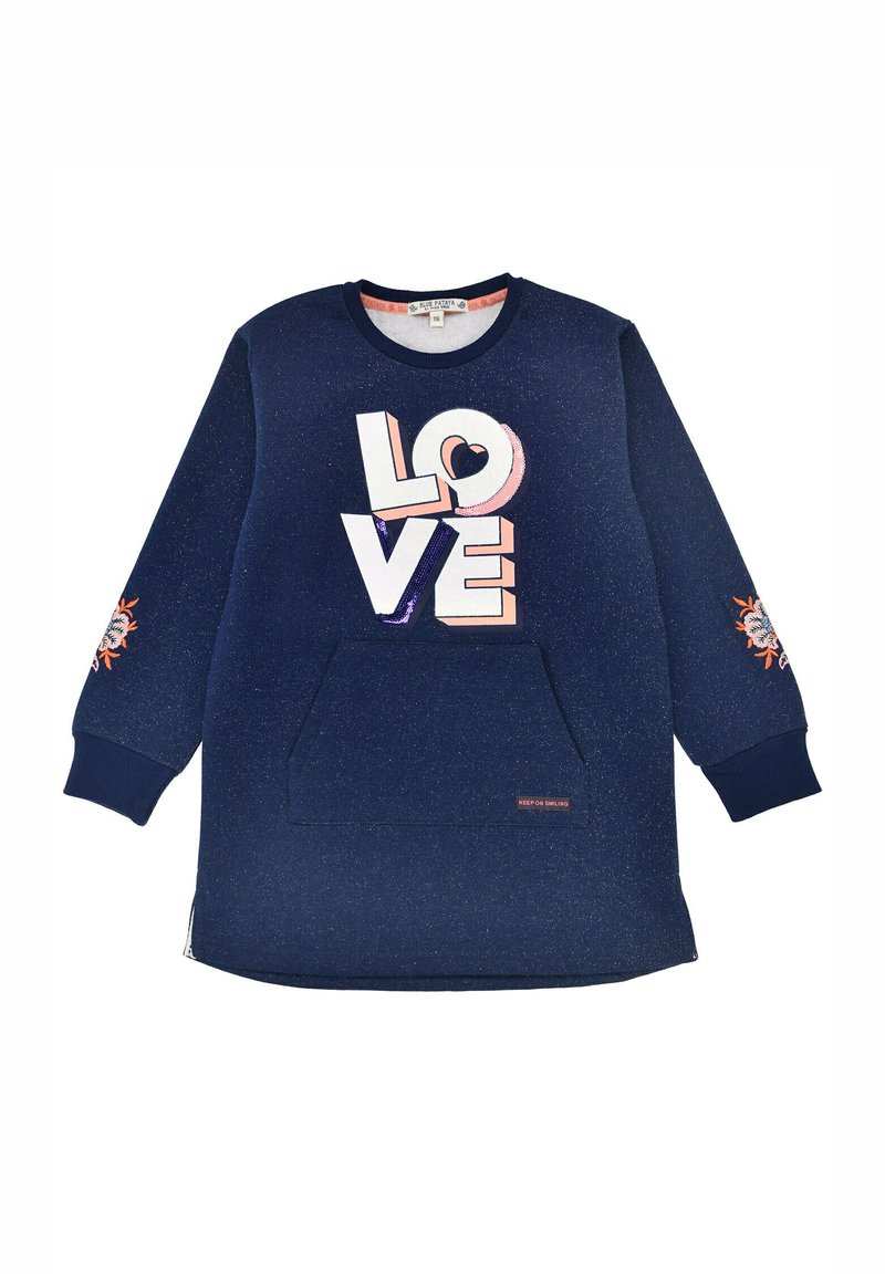 Navy Sweatshirt mit "LOVE" Grafik in Pink und Weiß, langen Ärmeln, einer Fronttasche und strukturierter Oberfläche, mit einem Logostick an dem Saum.