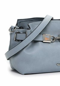 Light blue leather handbag with a silver-accented chain strap, featuring a rectangular clasp and textured surface.