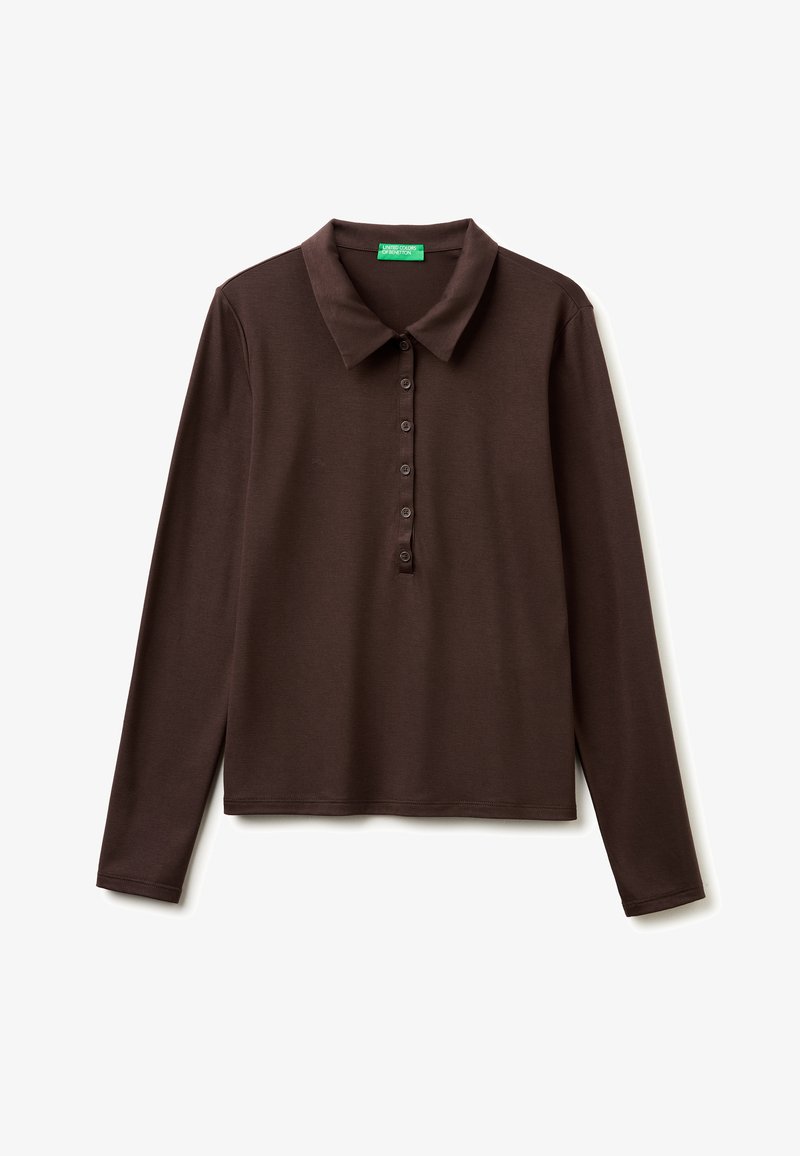Dark brown long-sleeve polo shirt with six buttons down the front and a classic collar, laid flat on a white background.