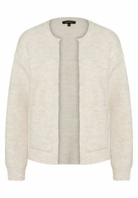 Hellbeige Strickjacke mit strukturiertem Rippenmuster, offener Front, langen Ärmeln und zwei Fronttaschen. Keine Verschlüsse sind sichtbar.
