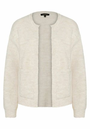 Hellbeige Strickjacke mit strukturiertem Rippenmuster, offener Front, langen Ärmeln und zwei Fronttaschen. Keine Verschlüsse sind sichtbar.